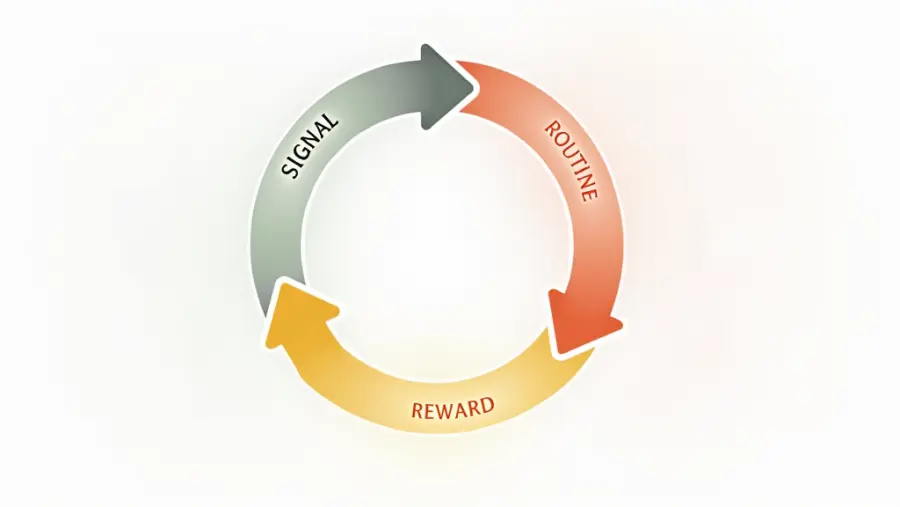 Un'immagine che illustra il ciclo delle abitudini con cerchi interconnessi per Segnale, Routine, e Ricompensa