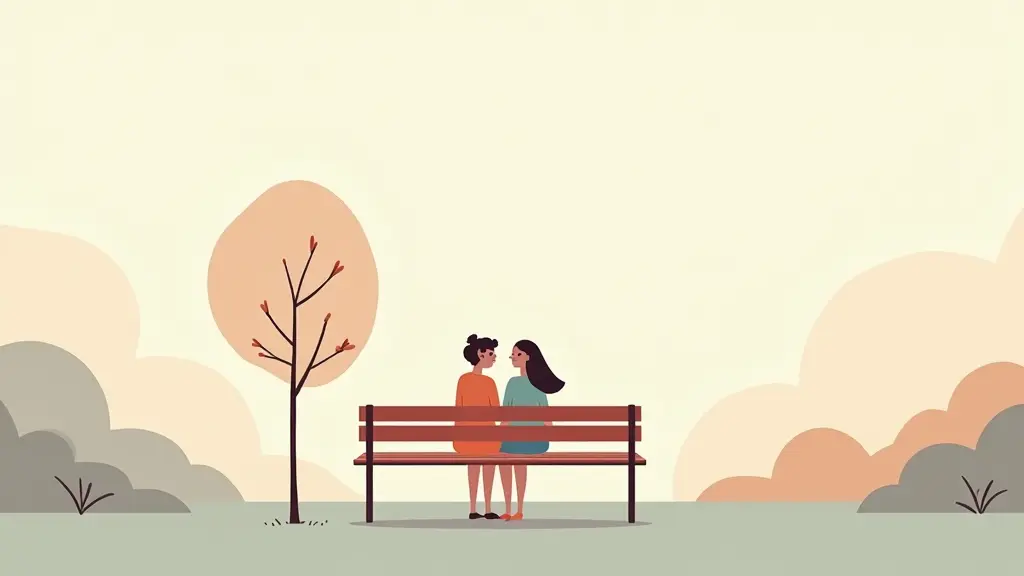 Due donne sedute su una panchina in un parco, che conversano in modo sincero, in uno stile vettoriale minimalista.